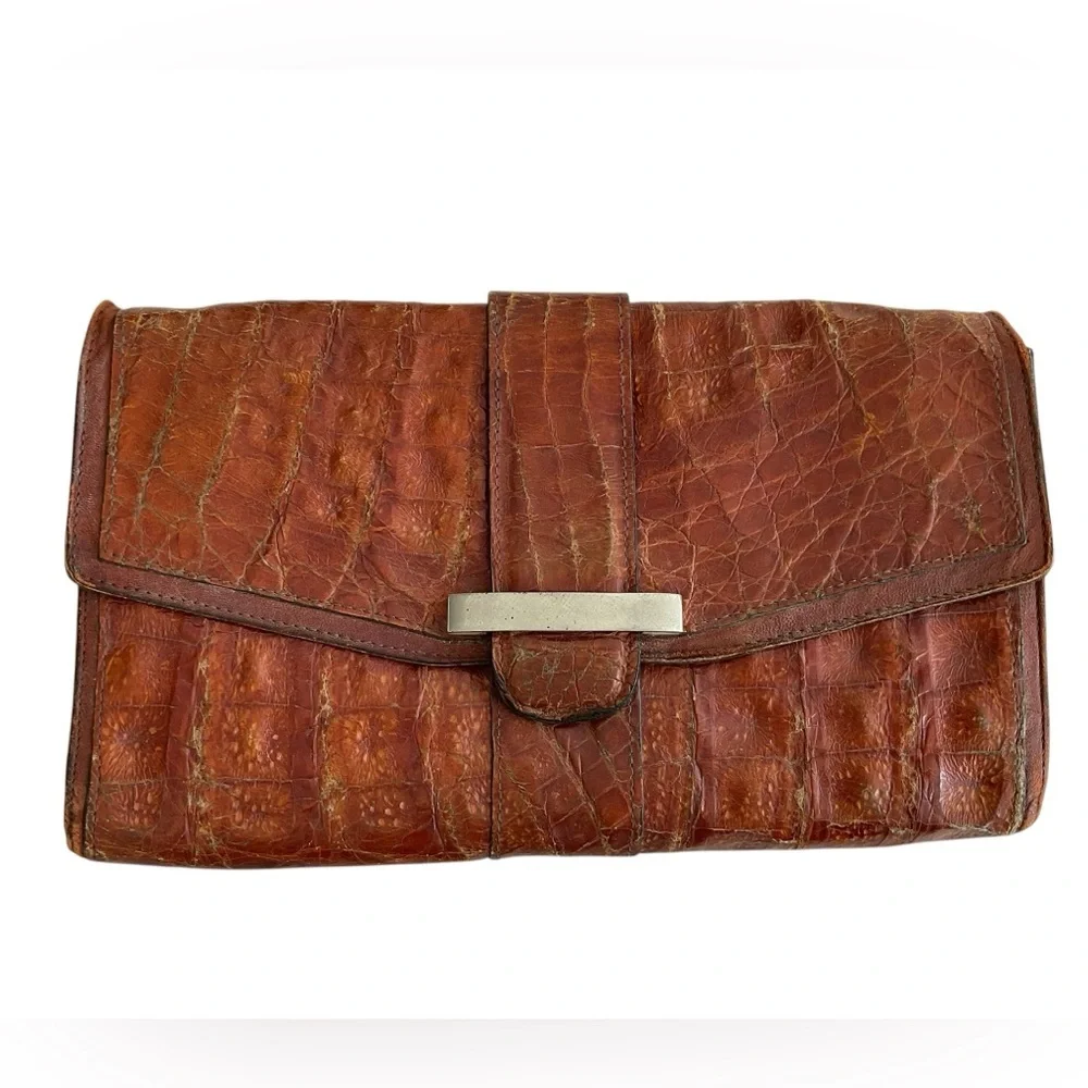 Vintage Brown Crocodile Alligator Leather Clutch Silver Buckle